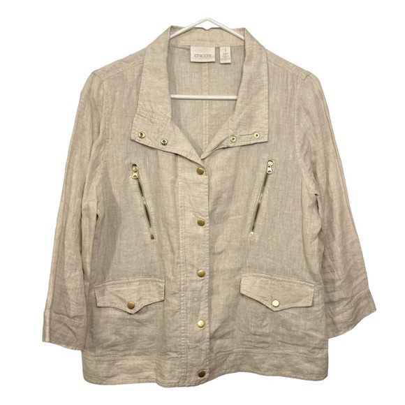 Chico's Jackets & Blazers - Chicos 100% Linen utility jacket 3/4 sleeve cream womens 1 US 8/medium unlined